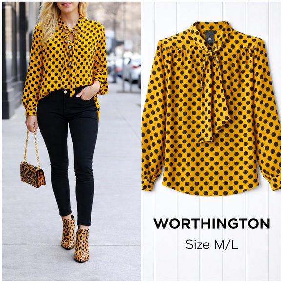 Worthington Tops - 🤎 Worthington Yellow & Black Polka Dot Tie-Neck Blouse | NWT | Size M/L